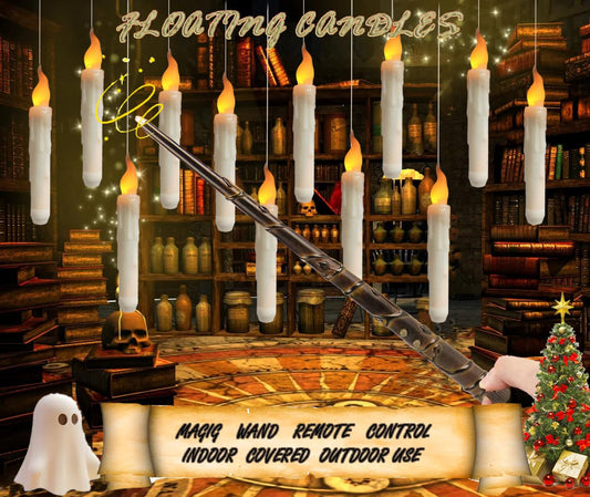 BaRiFanNova Floating Candles with Magic Wand Remote, 12 Pack LED Flameless Hanging Candles, Battery Operated Flickering Taper Lights Set for Theme Party Birthday Gift