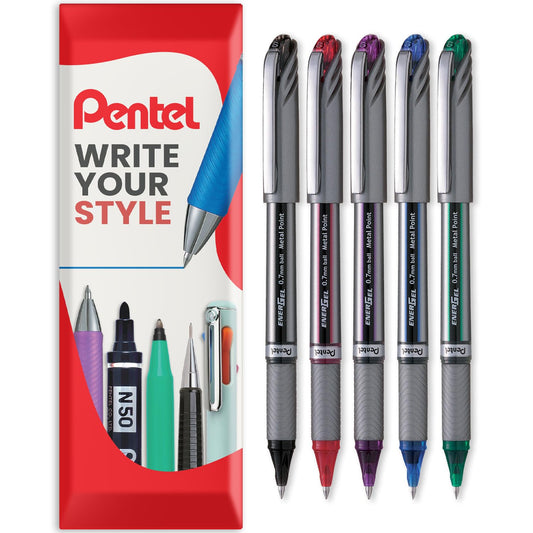 Pentel Energel BL27 Liquid Gel Ink Rollerball Pen - 0.7mm Metal Tip - In Pillow Packaging (Assorted Pack of 5)