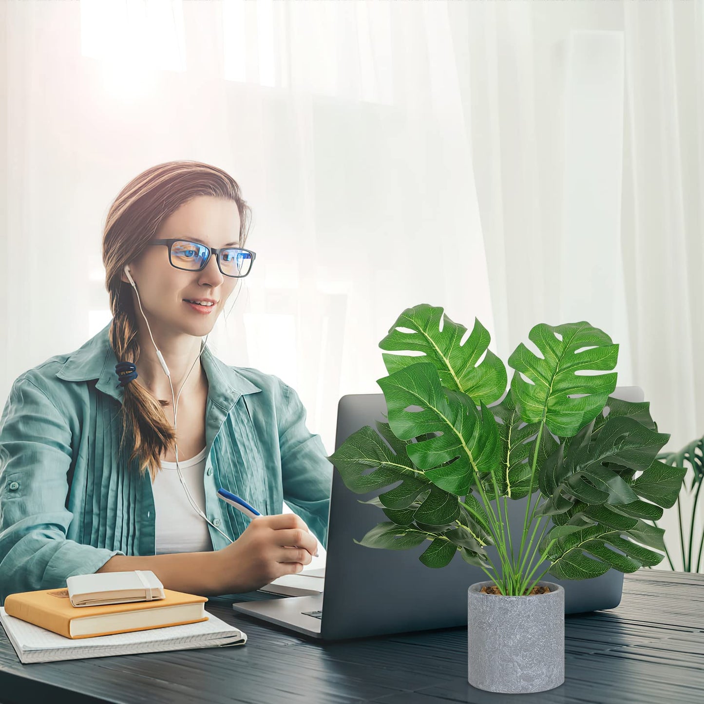 Dremisland 2Pack Artificial Potted Plant 16" Tall Faux Monstera Potted Plants with Gray Pot Fake Greenery Plants Decor for Home Office Table Desk Living Room Shelves Bathroom (Taro and Monstera)