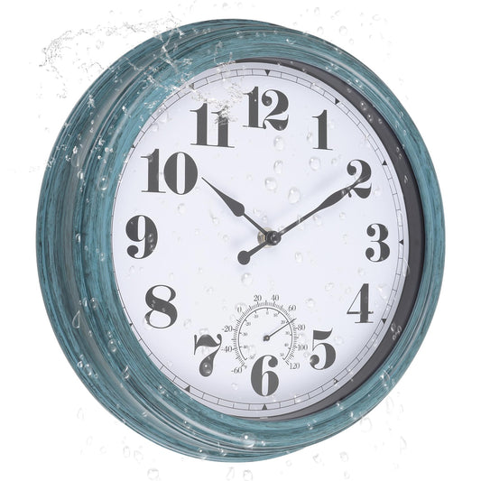 Aurowit Outdoor Wall Clock with Thermometer 12 Inch Waterproof Outdoor Clocks Battery Operated Wall Clock Dark Black Non Ticking for Patio Pool (Green, 12 Inch)