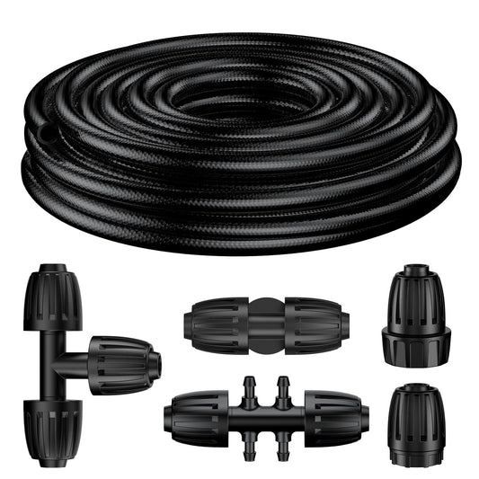 Pawfly 25 ft 1/2 Inch Drip Irrigation Tubing Main Tube, 1/2 Irrigation Tubing for Garden Irrigation System, Flexible PVC Main Line with 5 Barbed Locked Drip Irrigation Parts, 1/2" Drip Irrigation
