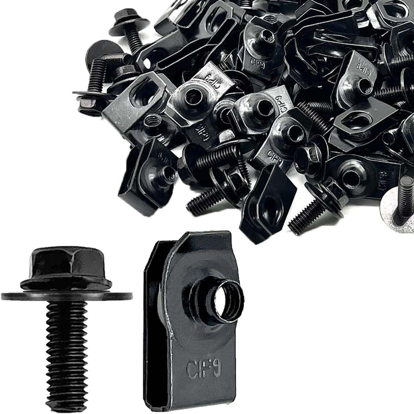 CSMATEYEAH 100 Pcs M6-1.0 Body Bolts U Nuts Kits, Bumper Fender Liner Push Pull Metal Rust-Resistant U Retainer, Universal for Most Cars Fastening Accessories, Steel, Black