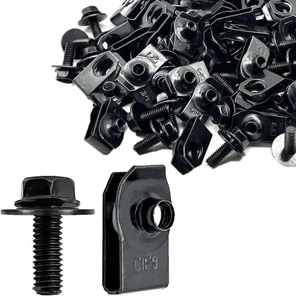 CSMATEYEAH 100 Pcs M6-1.0 Body Bolts U Nuts Kits, Bumper Fender Liner Push Pull Metal Rust-Resistant U Retainer, Universal for Most Cars Fastening Accessories, Steel, Black