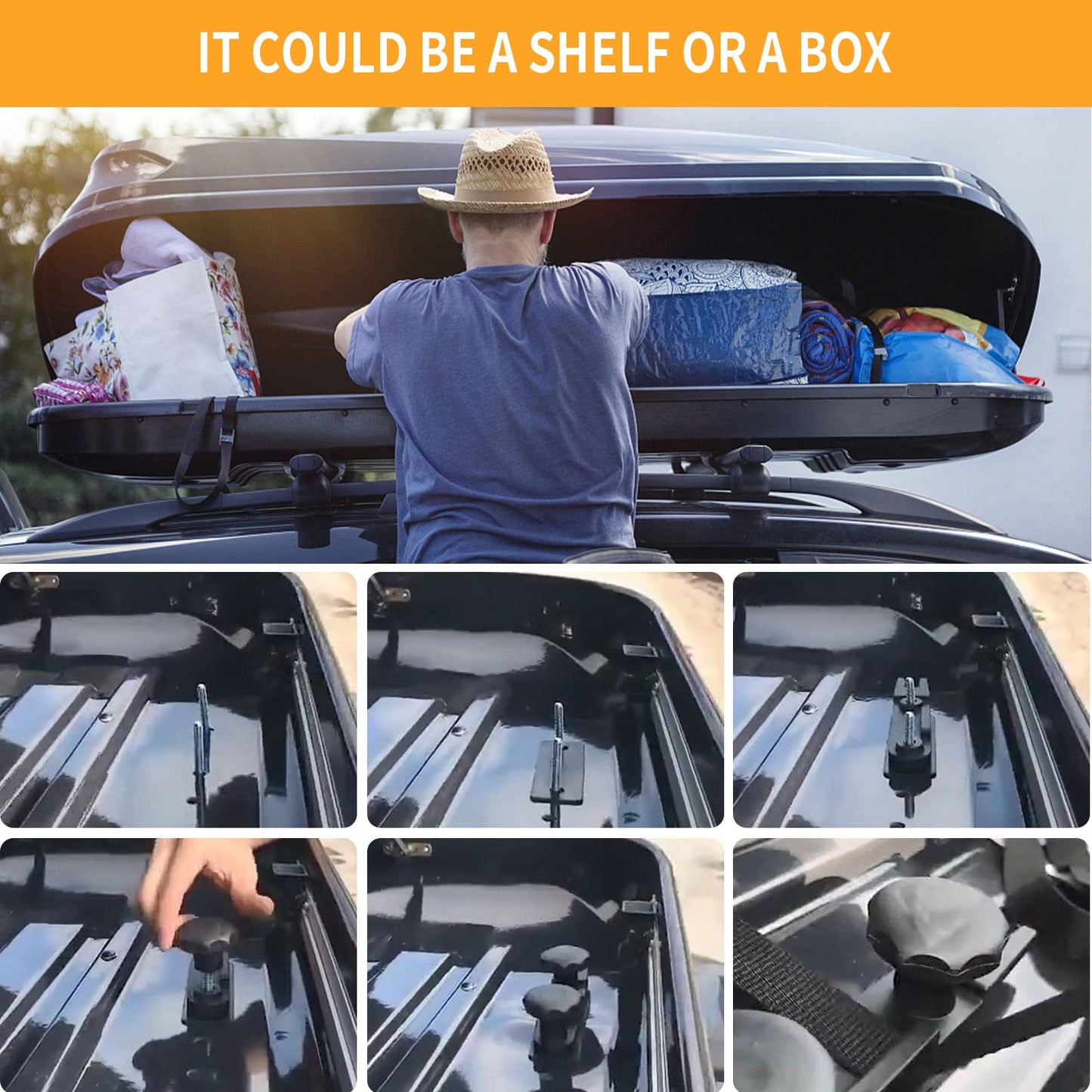 VIKKSAER 4 PCs Universal Roof Box U Bolt Clamps Kit, Heavy Duty U Clips Rooftop Cargo Carrier Rack Bolts, 85mm Internal Width Car Van Roof Rack Bracket Kit for Cars SUV Cargo Carrier with 2 Straps