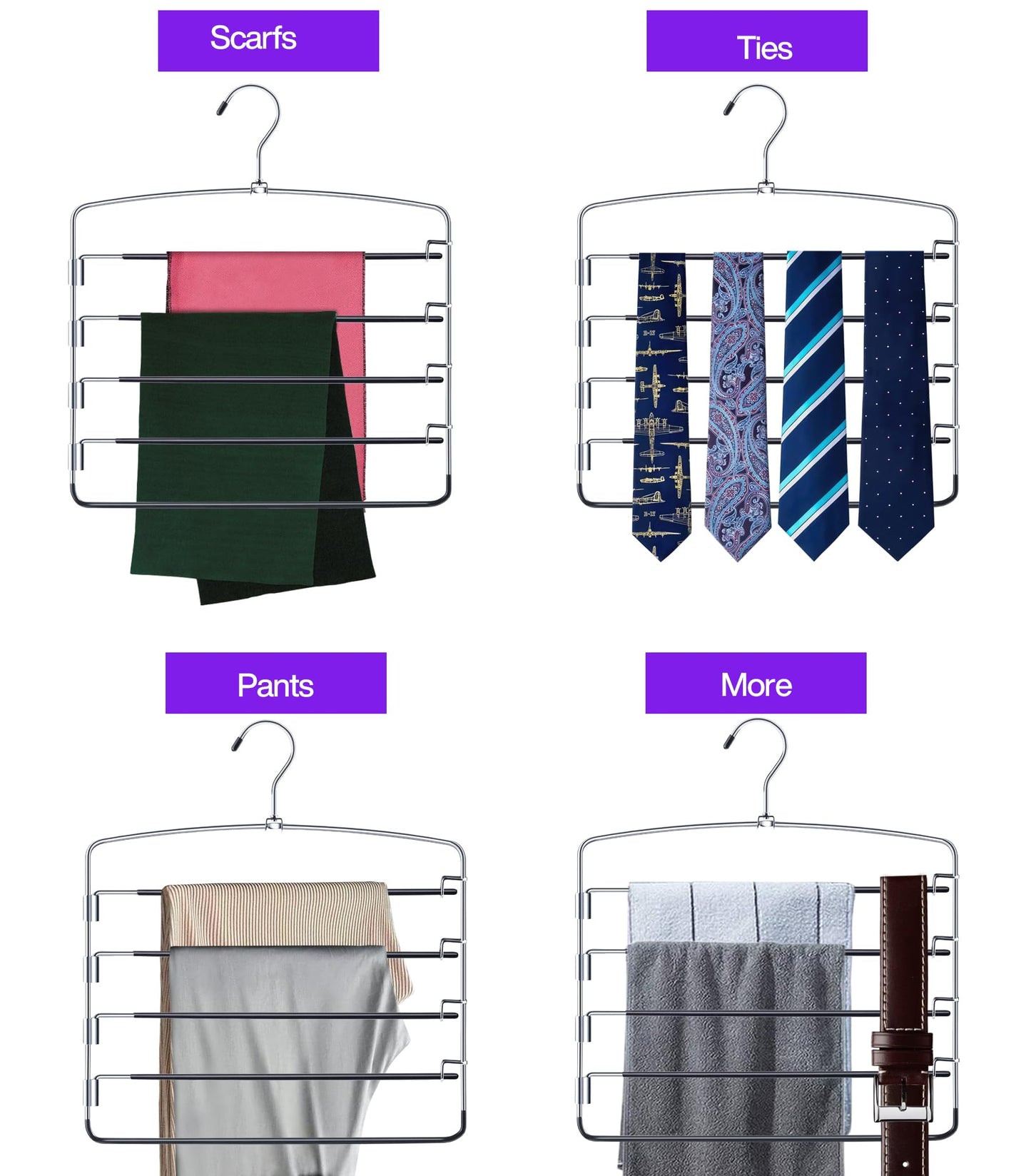 3 Pack Pants Hangers Space Saving Non Slip Multiple Pants Hanger for Women with Swing Arm Closet Storage Organizer for Pants Jeans Trouser Leggings Scarf Tie