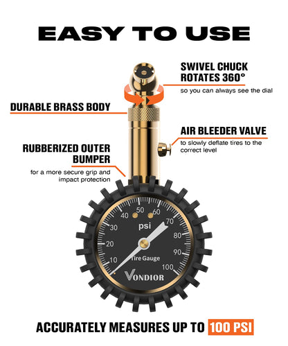 Vondior Tire Pressure Gauge (0-100 PSI) Heavy Duty, Certified ANSI Accurate with Large 2 Inch Easy to Read Glow Dial, Low - High Air Pressure Gauge. Tire Gauge for Car and Trucks Tires