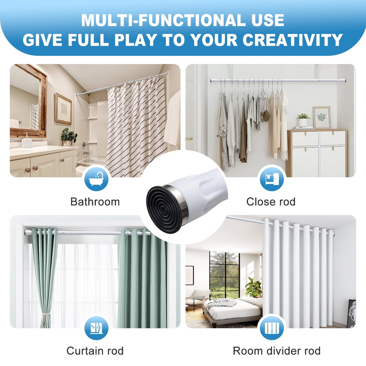 White Tension Curtian rod no drill, 42 to 100 inch Adjustable Heavy Duty black shower curtain rod for Windows bathroom Closet