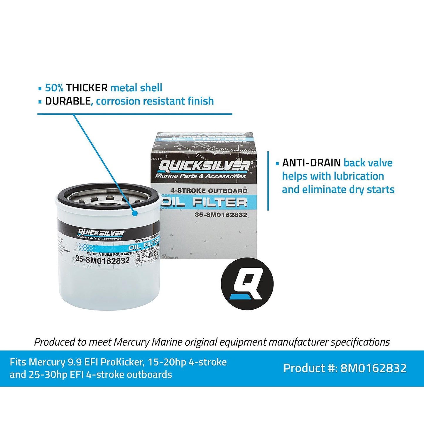 Quicksilver 8M0162832 Oil Filter for Select Mercury 9.9-30hp Outboards