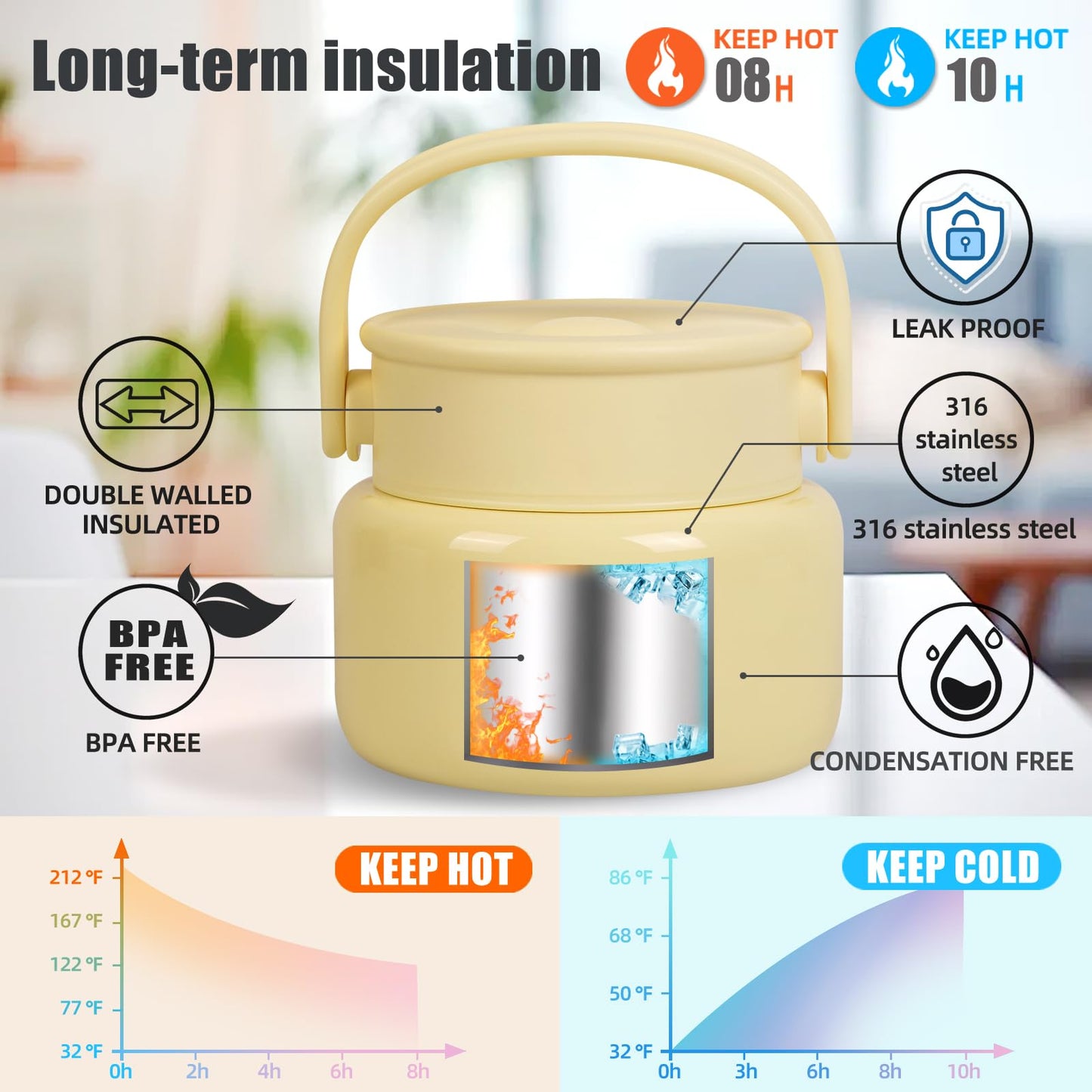Pawovdeq Thermo Insulated Food Jar - Leak-Proof Lunch Container for Hot Soup & Meals (yellow, 17 oz)