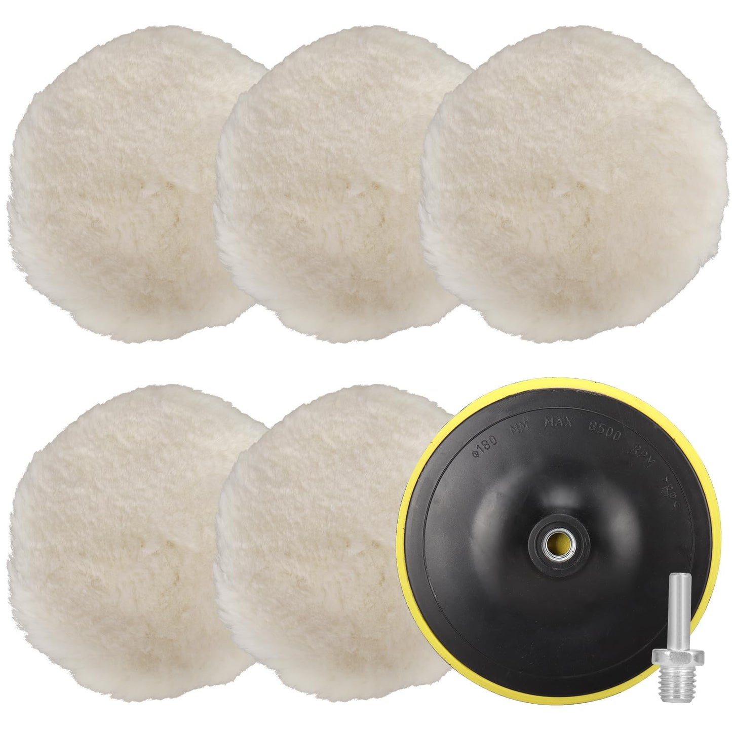 NuoDunco 7 Pieces 7 Inch Wool Polishing Pad Kit - Bonnet, Hook and Loop Buffing Pad, Woolen Waxing Pads for Car Polishing and Drill