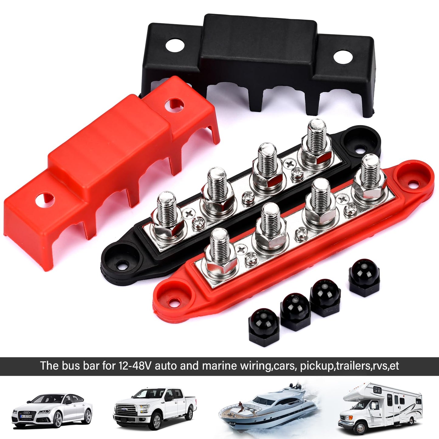 BEAUGIREW 12V 250A Bus Bar 3/8" Power Distribution Block 4 Studs Junction Block M10 Negative Positive Battery Busbar Terminal Block for Automotive Marine Solar System with Cover