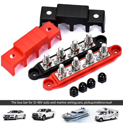 BEAUGIREW 12V 250A Bus Bar 3/8" Power Distribution Block 4 Studs Junction Block M10 Negative Positive Battery Busbar Terminal Block for Automotive Marine Solar System with Cover