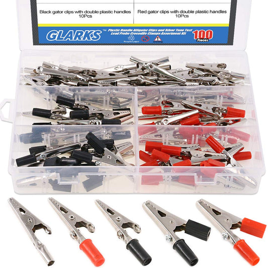 Glarks 100Pcs 3 Style 2.1''/53MM Metal Alligator Clips Crocodile Electrical Test Clamps Assortment Kit for Laboratory Testing, 50pcs with Red Black Plastic Hands and 50pcs no Cap