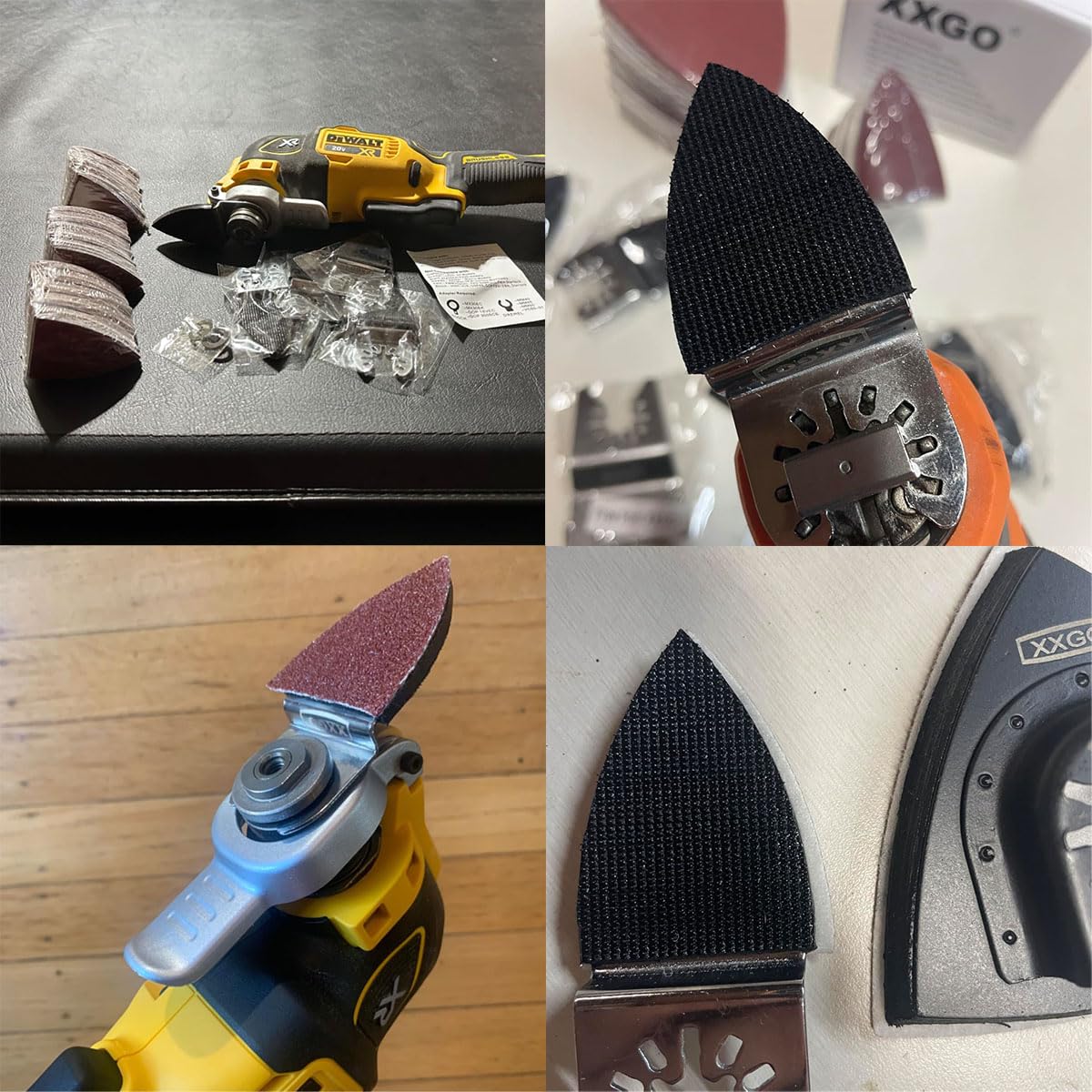 XXGO 105 Pcs Oscillating Multi Tool Sanding Pads Kits 2 Pcs Triangle Sanding Pads 3 Pcs Finger Sanding Pads 100 Pcs Multi Tool Sandpaper for Wood Sanding XG3105