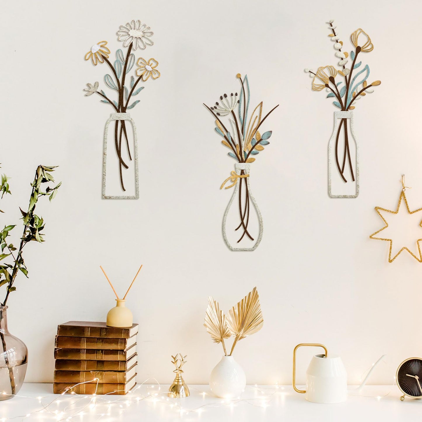 Pigort 3 Pieces Metal Flowers Wall Arts - Rustic Farmhouse Decor Beige Minimalist Flower Wall Decors for Living room Bathroom Bedroom Dining Room-Housewarming Gifts (Beige, Vase-C)