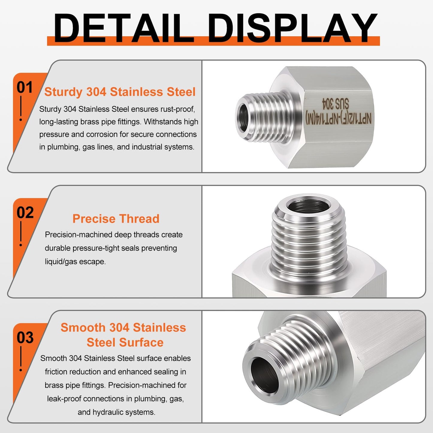 Rebower 2 Pack 304 Stainless Steel Female to Male Adapters, 1" Female NPT x 3/4" Male NPT Nipple Pipe Extension Connectors for Industrial, Fluid Transfer, Home Gardening, Water Treatment