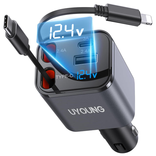 4 in 1 Retractable Car Charger, 4-in-1 Fast Car Phone Charger with 2 Retractable Cables 2.5FT and 2 USB Ports Compatible with i Phone 15/14/13/12/11 Pro Max/XR/XS,Galaxy,Pixel,iPad/iPod