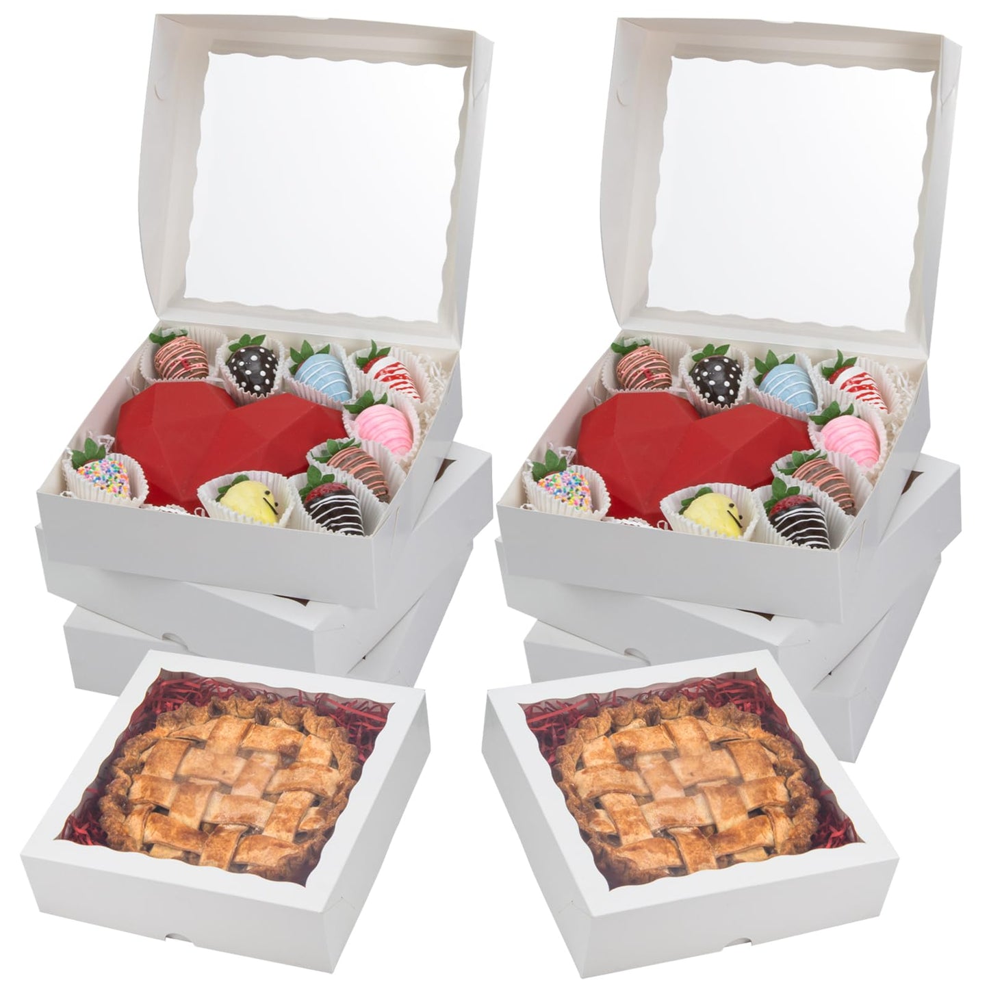 RomanticBaking 28pcs 9x9x2.5 Inches Bakery Boxes with Window for Pie, Chocolate Covered Strawberries, Breakable Heart, Cookies, Cakesickle