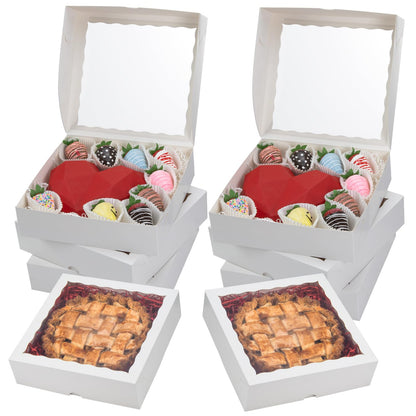 RomanticBaking 28pcs 9x9x2.5 Inches Bakery Boxes with Window for Pie, Chocolate Covered Strawberries, Breakable Heart, Cookies, Cakesickle
