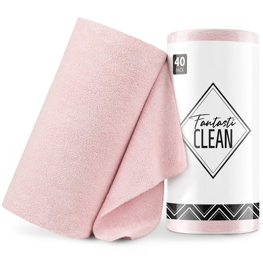 Fantasticlean Microfiber Cleaning Cloth Roll -40 Sheets, Tear Away Microfiber Towels, 30x30cm, Reusable, Washable, Scratch Free, Ultra Absorbent Dish Rags for Car, Home, Garage or Shop (Pink)