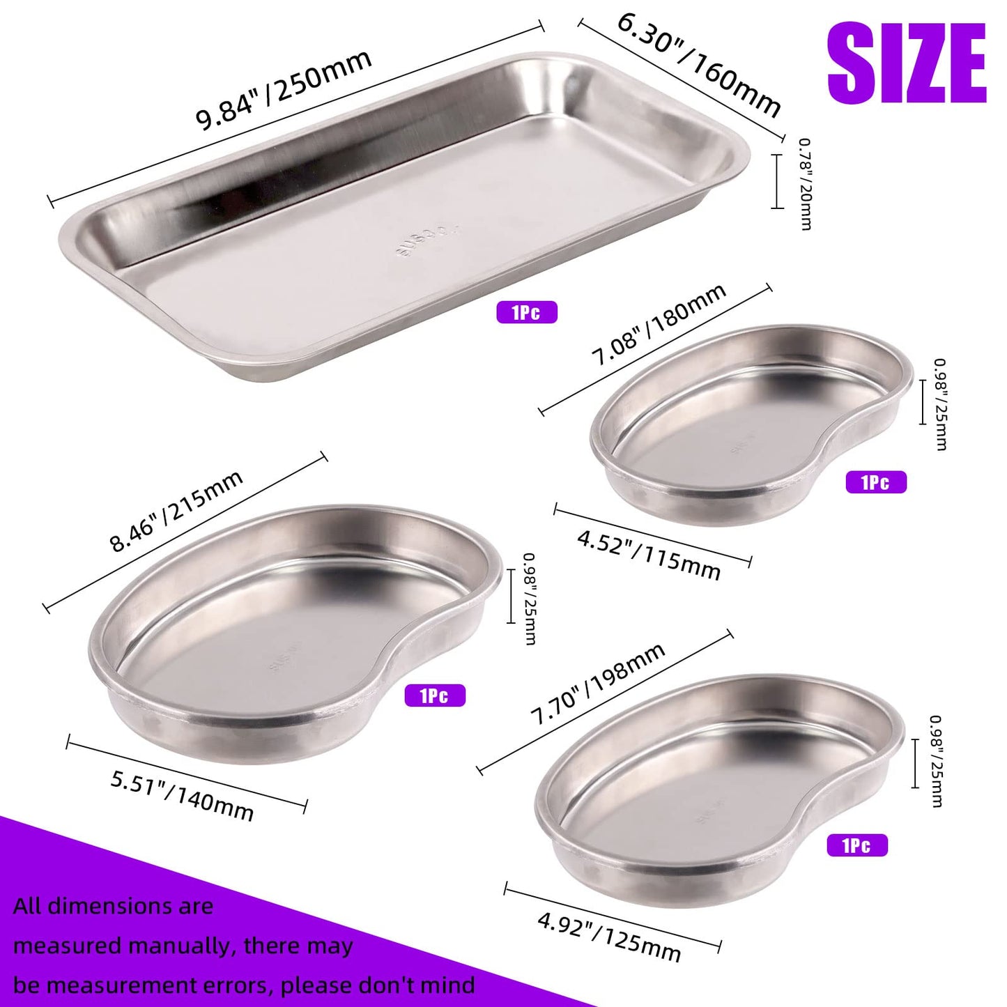 Swpeet 4Pcs 304 Stainless Steel 2 Shapes Square and Kidney Surgical Tray Assortment Kit, Metal Instrument Tray Dental Procedure Lab Instruments for Medical Instruments, Tattoo, Flat Bottom Tray