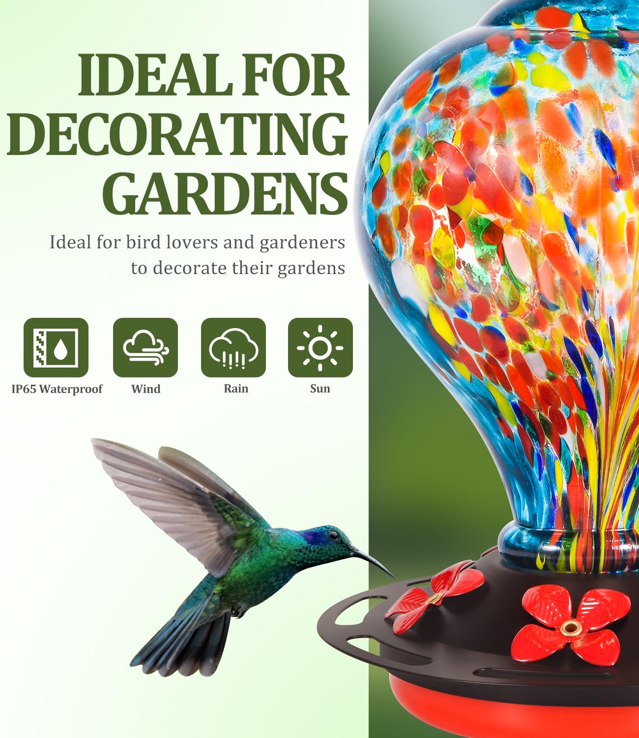 Qmioti Hummingbird Feeders, 32 Ounces Hand Blown Glass Bird Feeder for Outdoor Hanging, 5 Feeding Ports, Ant Moat Included, Bird Nectar Feeder for Garden Backyard Décor, Blue