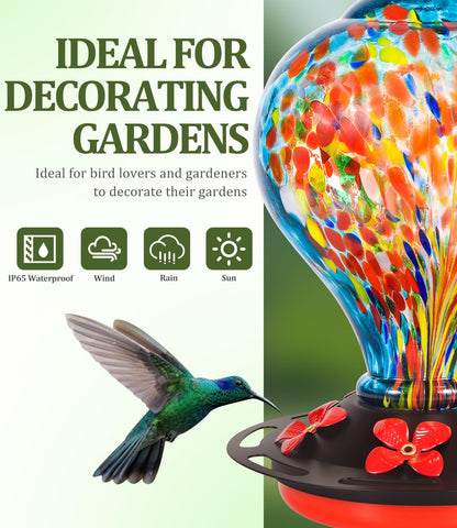 Qmioti Hummingbird Feeders, 32 Ounces Hand Blown Glass Bird Feeder for Outdoor Hanging, 5 Feeding Ports, Ant Moat Included, Bird Nectar Feeder for Garden Backyard Décor, Blue