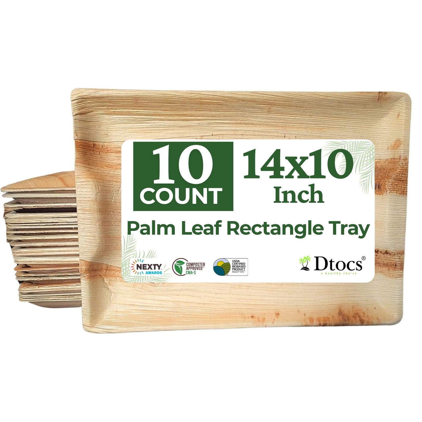 Dtocs Disposable Charcuterie Boards 14x10 Inch (10 Pcs) | Microwavable Disposable Serving Platters, Cheese Board, Party Trays, Serving Boards | Palm Leaf Trays for Catering, Grazing Table Supplies