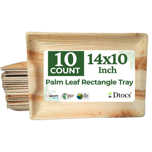 Dtocs Disposable Charcuterie Boards 14x10 Inch (10 Pcs) | Microwavable Disposable Serving Platters, Cheese Board, Party Trays, Serving Boards | Palm Leaf Trays for Catering, Grazing Table Supplies
