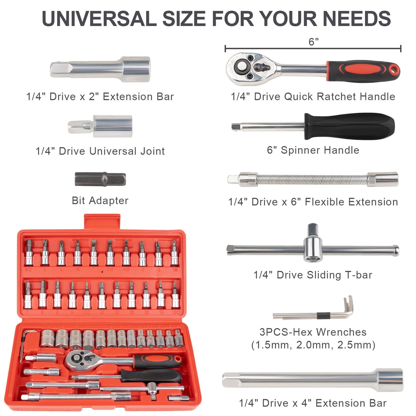 Beaiguna 46PCS Small Drive Socket Ratchet Wrench Screwdriver Set, 1/4 Inch Metric Socket and Ratchet Wrench Set with Extension Bar, Upgrade Compact Tool Set for Car