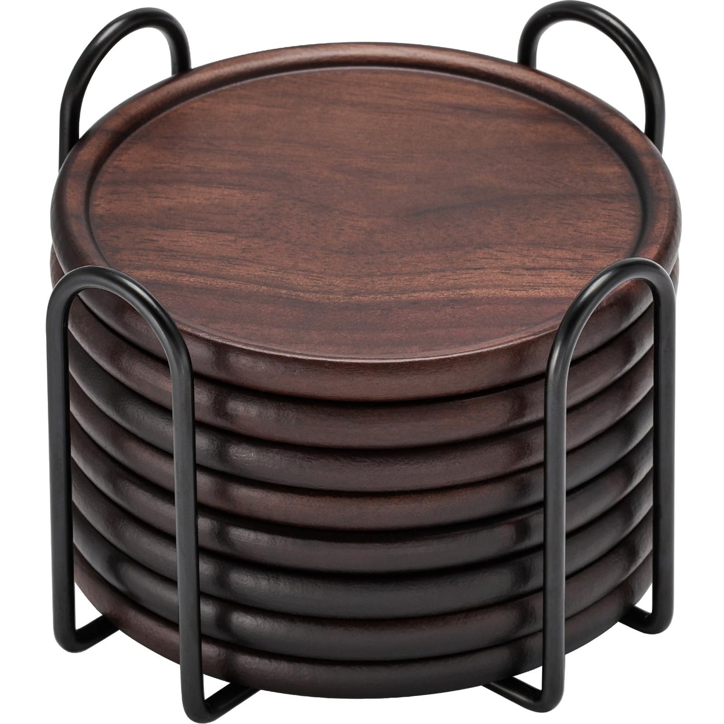 Wood Coasters with Metal Holder, GOH DODD Set of 8 Wooden Coaster Tabletop Protection Living Room Decor for Drinks Coffee Table Home Kitchen Office Bar Housewarming Gifts Wedding Party, 4 Inch