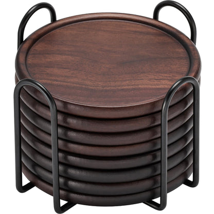 Wood Coasters with Metal Holder, GOH DODD Set of 8 Wooden Coaster Tabletop Protection Living Room Decor for Drinks Coffee Table Home Kitchen Office Bar Housewarming Gifts Wedding Party, 4 Inch