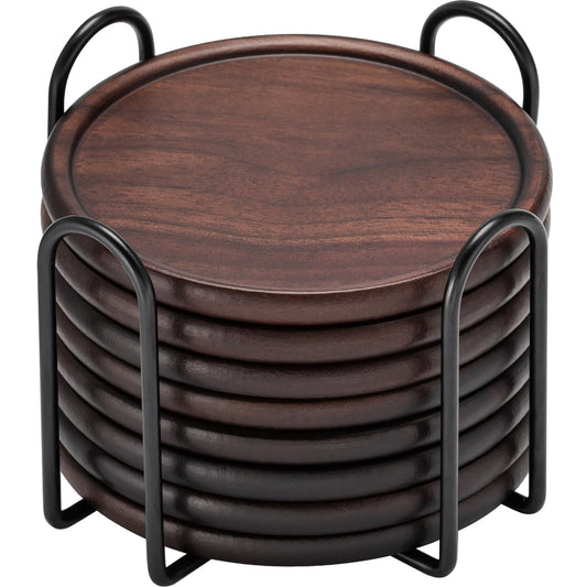 Wood Coasters with Metal Holder, GOH DODD Set of 8 Wooden Coaster Tabletop Protection Living Room Decor for Drinks Coffee Table Home Kitchen Office Bar Housewarming Gifts Wedding Party, 4 Inch