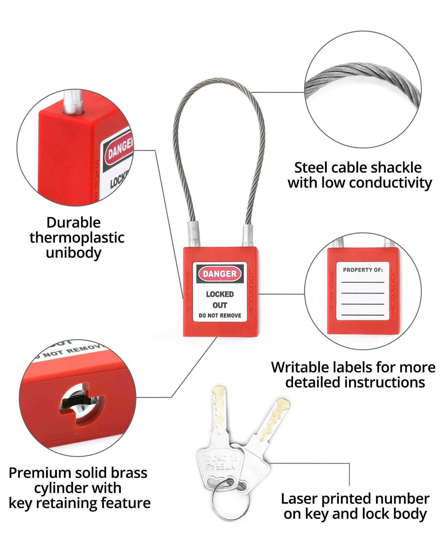 QWORK 4 Pack Lockout Tagout Steel Cable Locks with 8 Keys, Compact Cable Padlock, Red Keyed Different Electrical Lockout Padlock Set