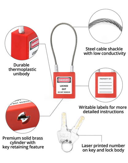 QWORK 4 Pack Lockout Tagout Steel Cable Locks with 8 Keys, Compact Cable Padlock, Red Keyed Different Electrical Lockout Padlock Set
