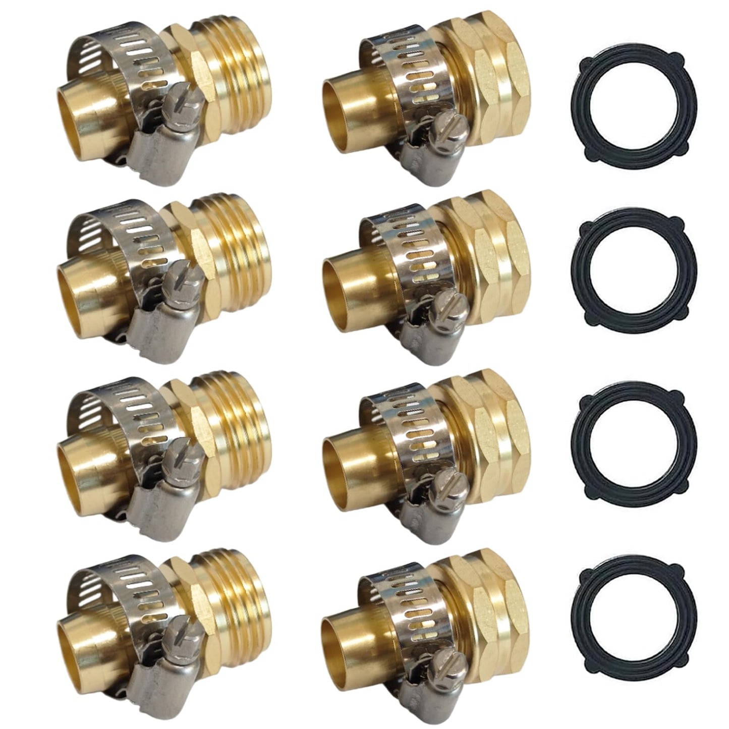 VASLON Solid Brass Garden Hose Repair Kit, 3/4" and 5/8" Hose End Repair Connector with Stainless Steel Clamps, Male and Female Hose Fittings, 4 Sets
