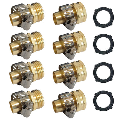 VASLON Solid Brass Garden Hose Repair Kit, 3/4" and 5/8" Hose End Repair Connector with Stainless Steel Clamps, Male and Female Hose Fittings, 4 Sets