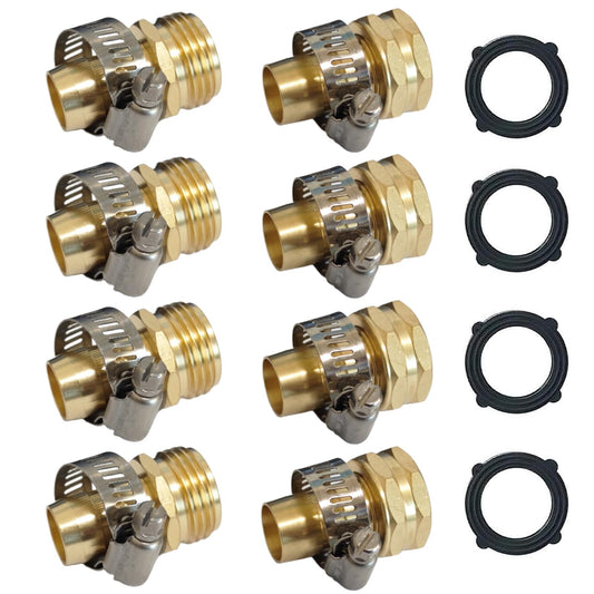VASLON Solid Brass Garden Hose Repair Kit, 3/4" and 5/8" Hose End Repair Connector with Stainless Steel Clamps, Male and Female Hose Fittings, 4 Sets