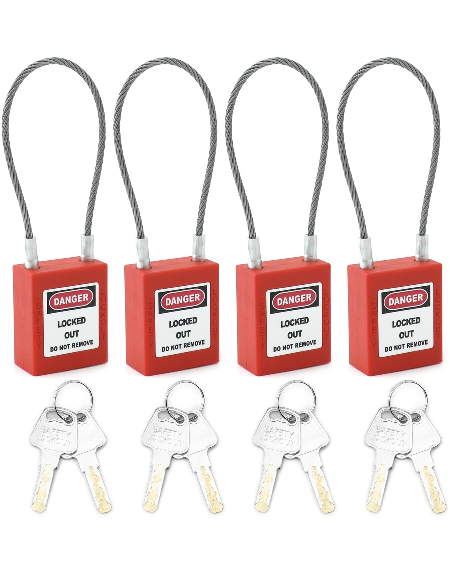 QWORK 4 Pack Lockout Tagout Steel Cable Locks with 8 Keys, Compact Cable Padlock, Red Keyed Different Electrical Lockout Padlock Set