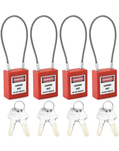 QWORK 4 Pack Lockout Tagout Steel Cable Locks with 8 Keys, Compact Cable Padlock, Red Keyed Different Electrical Lockout Padlock Set