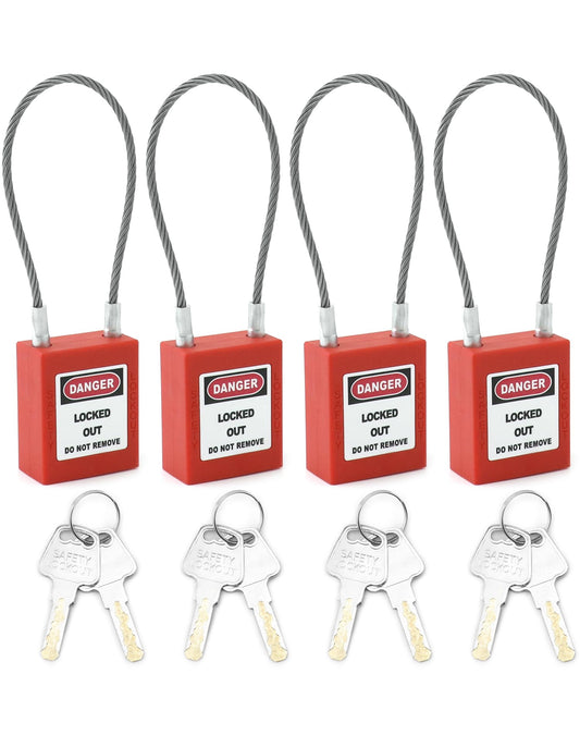 QWORK 4 Pack Lockout Tagout Steel Cable Locks with 8 Keys, Compact Cable Padlock, Red Keyed Different Electrical Lockout Padlock Set