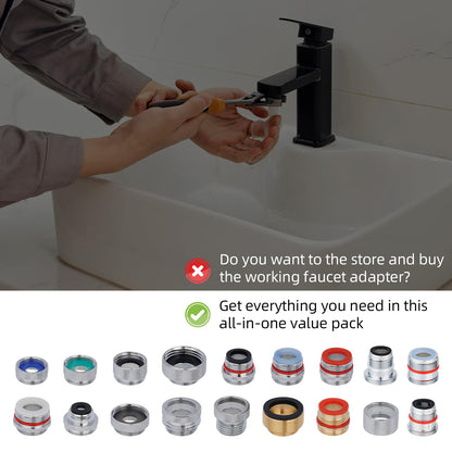 Hibbent 18 Pieces Faucet Adapter Kit, Brass Aerator Adapter Set for Faucet Tap with Removable Aerator to Connect Garden Hose, for Kitchen & Bathroom Sink - Male/Female, Chrome