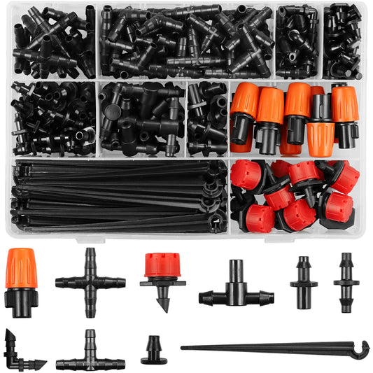Drip Irrigation Fittings Kit for 1/4" Tubing, 240 Pcs Drip Line Connectors for Drip Systems - Nozzles, Micro Drips, Single barbs, 4 Way Connectors, Tees, Couplings, End Plugs, Elbows, Hose Stakes