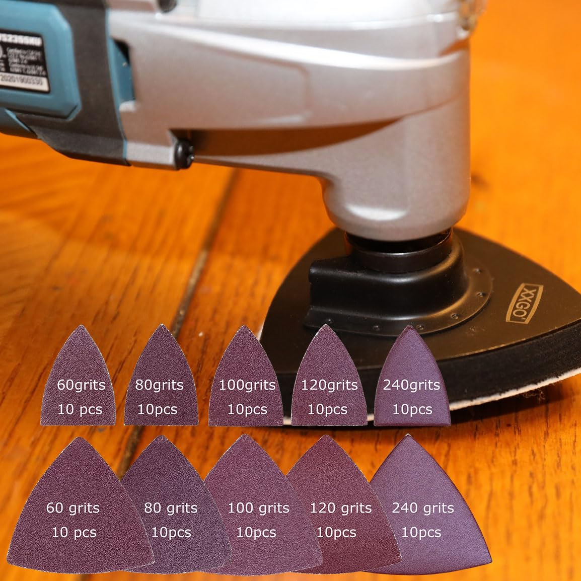 XXGO 105 Pcs Oscillating Multi Tool Sanding Pads Kits 2 Pcs Triangle Sanding Pads 3 Pcs Finger Sanding Pads 100 Pcs Multi Tool Sandpaper for Wood Sanding XG3105