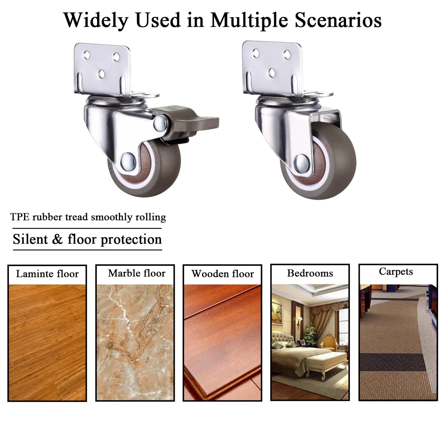 Luxinika L-Shaped Caster Wheels 1.5 Inch, Small Side Mount Casters Set of 4 Heavy Duty 176 Lbs with Brakes, Silent TPE Rubber Swivel Plate Caster Wheels for Furniture, Rolling Cabinets, Tables