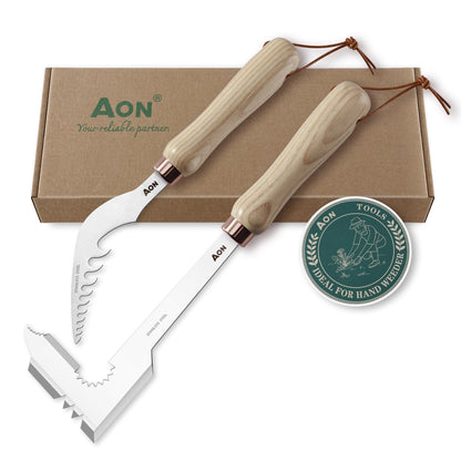 AON 2-Pack Hand Crack Weeder Puller Tool Set - Made with Durable Steel and Ash Wood Ergonomic Handles, Weeding Tools Ideal for Gardens and Patio Lawns to Efficiently Remove Weeds from the Root