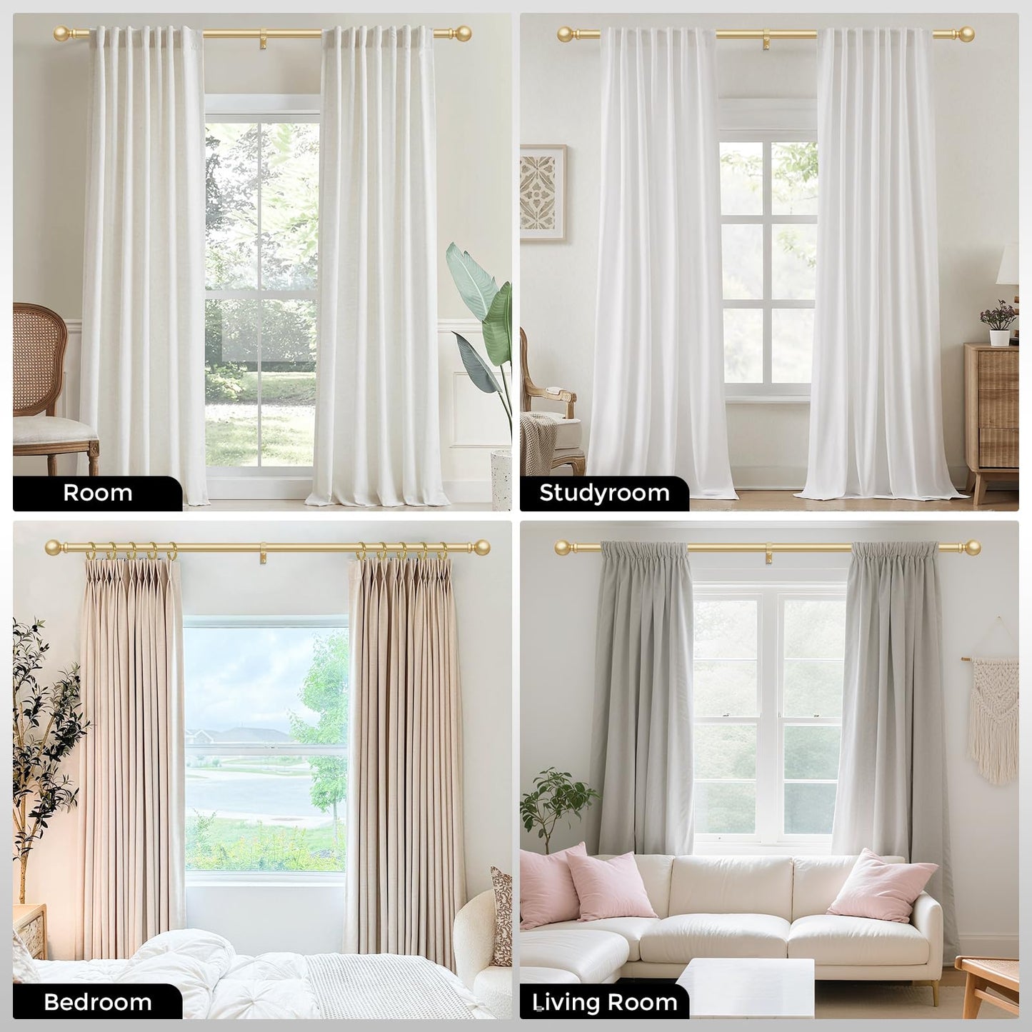 Gold Curtain Rods for Windows 48 to 84 Inch, Adjustable Heavy Duty 1" Diameter Decorative Curtain Rod with Matte Gold Round Finials, Modern Easy Install Extendable Metal Drapery Pole Set