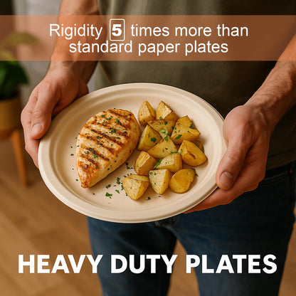 ECOMBRELLA Paper Plates, 9 Inch Round Compostable Disposable Plates, Heavy-Duty Leak-Resistant, Eco-Friendly Sugarcane Bagasse Dinner Plates, Microwave Safe, 50 Count