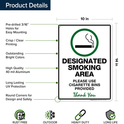 Designated Smoking Area Please Use Cigarette Bins Provided Sign, 10x14 Inches, Rust Free .040 Aluminum, Fade Resistant, Made in USA by My Sign Center