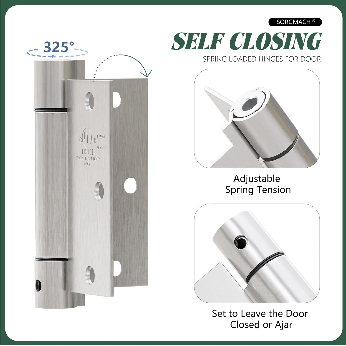 3 Pack Self Closing Door Hinges 3.5 inch Satin Nickel Door Hinges Spring Loaded Auto Close Hinges Square Corners Adjustable Tension for Interior Door 3 1/2 Auto Self-Closing Hinge
